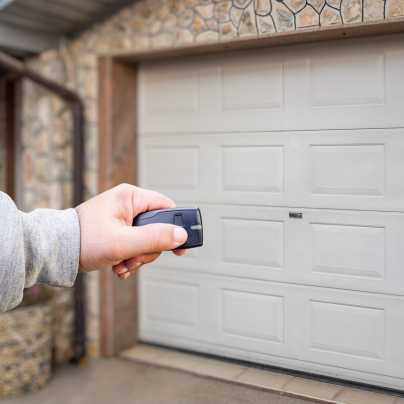 Columbus security key fob pointing to a garage door
