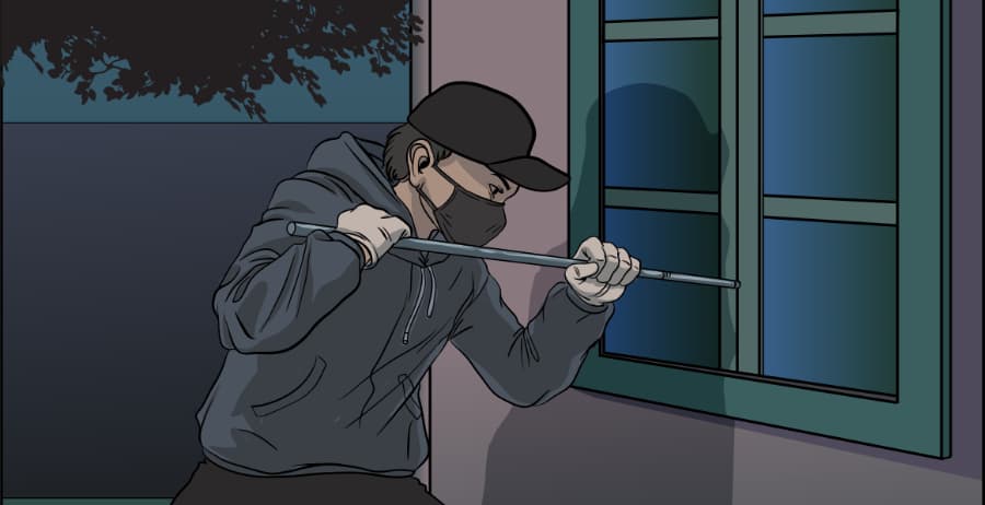 Illustration of burglar forcing entry through a window in Columbus
